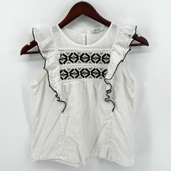 Madewell Tops - Madewell Women's M Ruffle Sleeve Embroidered Blouse White Sleeveless Top AO002